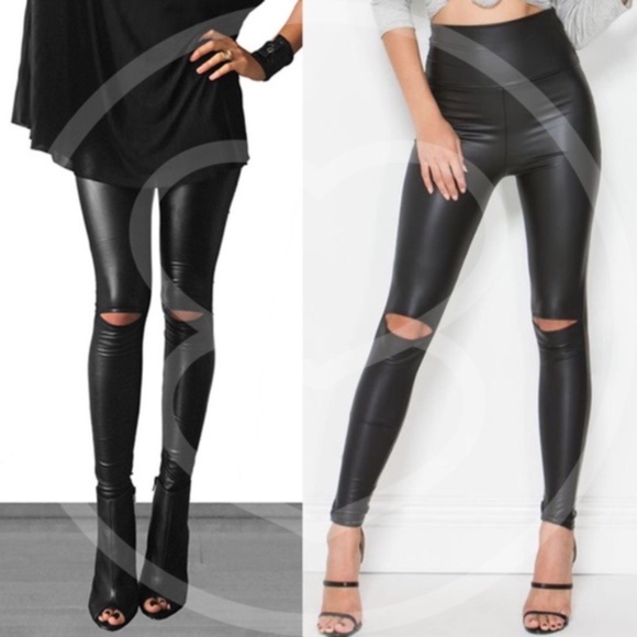 #19 Black Cut out knee Vegan leather high waist leggings - Picture 4 of 5
